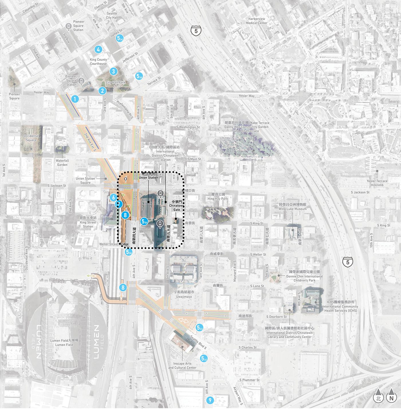 Map showing the Union station and surrounding plazas focus area. The map shows is a zoomed out aerial view stretching from Lumen Field in the south, Pioneer Square to the north, Alaska Way to the West, and Little Saigon and First Hill to the East. The entire map is greyed out except for the Union Station and surrounding plazas focus area, which also has a dotted line to show the boundaries of the focus area as it relates to the surrounding neighborhood.