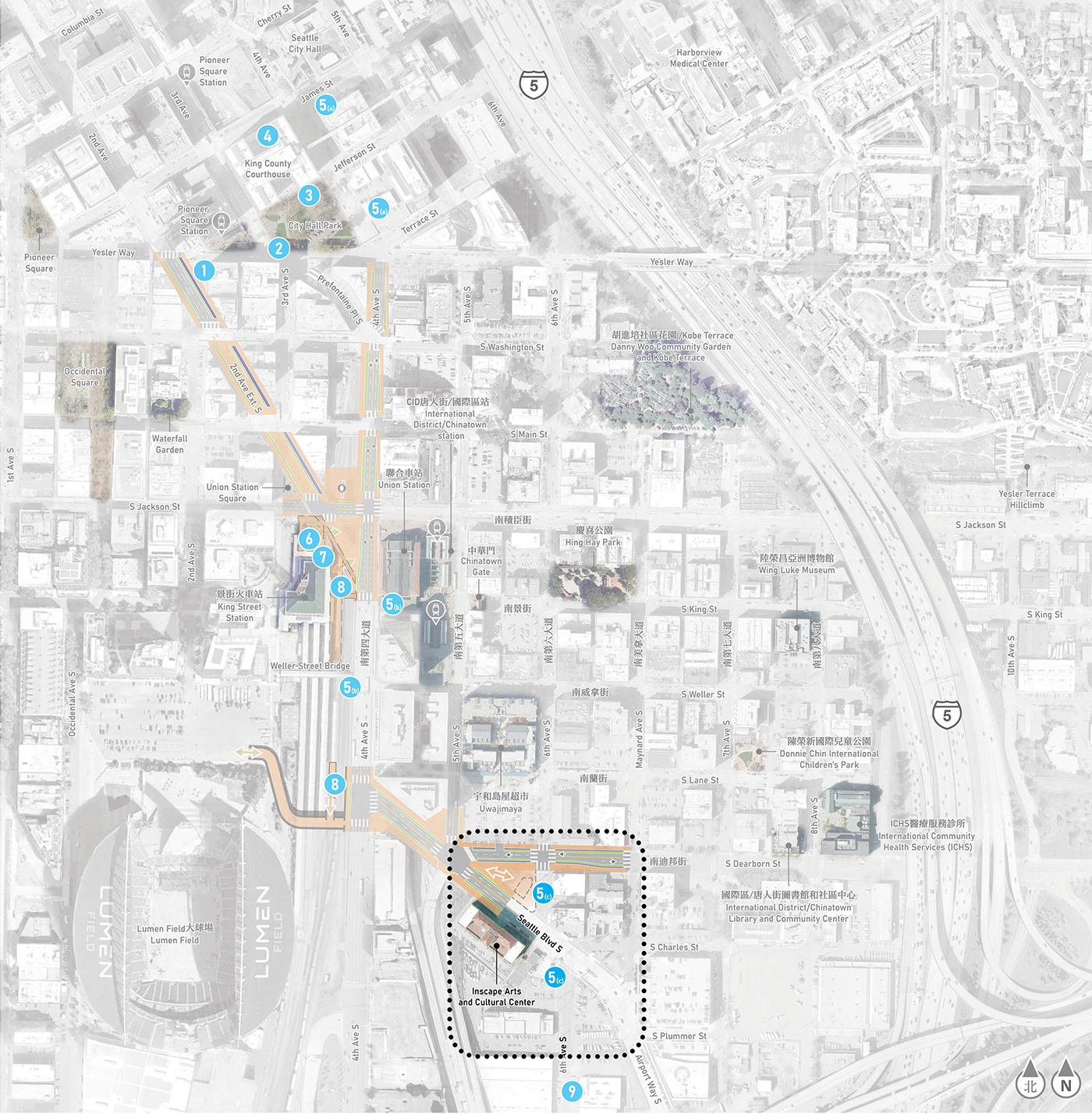 Map showing the CID Station at South Dearborn Street and Seattle Boulevard South focus area. The map shows is a zoomed out aerial view stretching from Lumen Field in the south, Pioneer Square to the north, Alaska Way to the West, and Little Saigon and First Hill to the East. The entire map is greyed out except for the CID Station at South Dearborn Street and Seattle Boulevard South focus area, which also has a dotted line to show the boundaries of the focus area as it relates to the surrounding neighborhood.