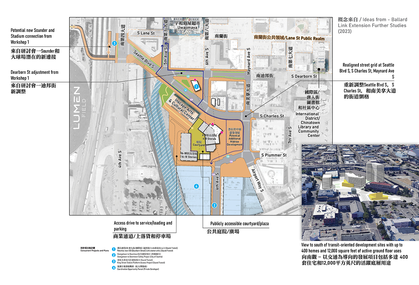 Map showing the individual improvements for Option 2 for CID Station at South Dearborn Street and Seattle Boulevard South. The map shows the focus area with text discussing each improvement, and arrows to show where each improvement would be made. Option 2 would create the same changes as Option 1, but would make even more pedestrian friendly changes to Dearborn Street, and would realign the street grid at Seattle Boulevard South, South Charles Street, and Maynard Avenue South to create better connectivity and pedestrian access.