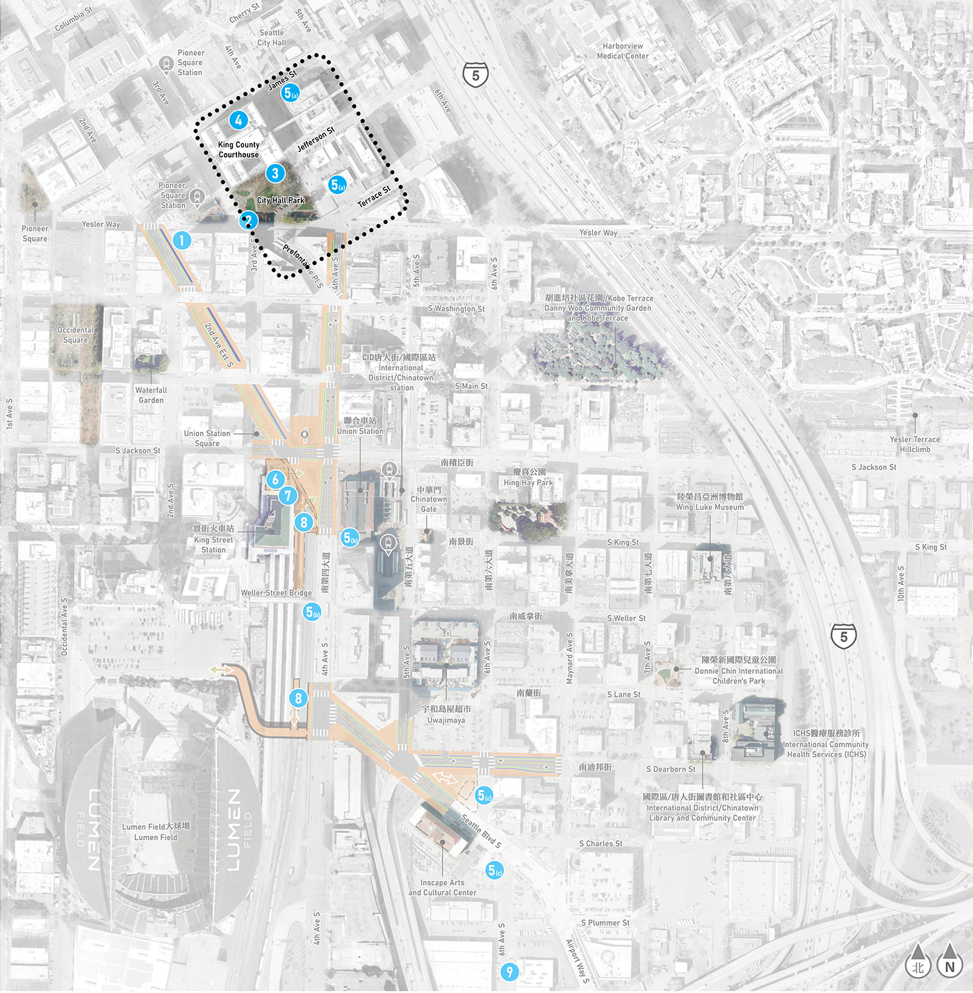 Map showing the Midtown Station at James Street and City Hall Park focus area. The map shows is a zoomed out aerial view stretching from Lumen Field in the south, Pioneer Square to the north, Alaska Way to the West, and Little Saigon and First Hill to the East. The entire map is greyed out except for the Midtown Station at James Street and City Hall Park focus area, which also has a dotted line to show the boundaries of the focus area as it relates to the surrounding neighborhood.